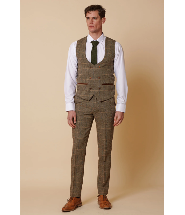 Mens 3 Piece Herringbone Tweed Tan Brown Check Suit Tailored Fit Double Classic