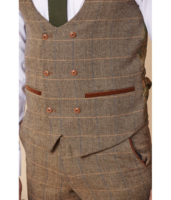Mens 3 Piece Herringbone Tweed Tan Brown Check Suit Tailored Fit Double Classic