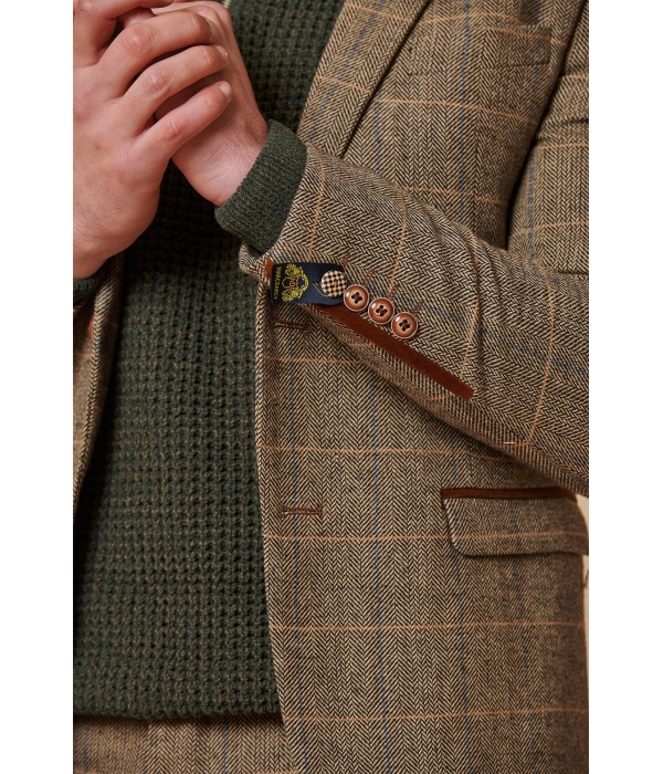 Mens 3 Piece Herringbone Tweed Tan Brown Check Suit Tailored Fit Double Classic