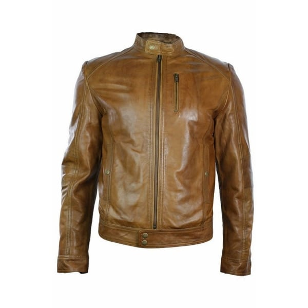 Real Leather Black Zipped Slim Fit Mens Biker Jacket Retro Vintage Smart Casual-Brown