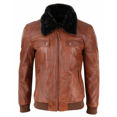 Mens Washed Rust Tan Brown Removable Fur Collar Pilot Leather Jacket Slim Fit