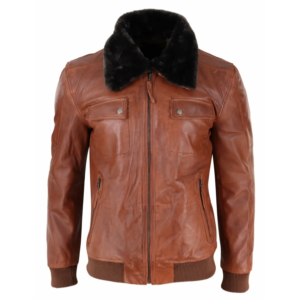 Mens Washed Rust Tan Brown Removable Fur Collar Pilot Leather Jacket Slim Fit