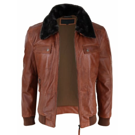 Mens Washed Rust Tan Brown Removable Fur Collar Pilot Leather Jacket ...