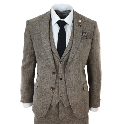 Eiche-Braun Herringbone Tweed 3 Stück Anzug