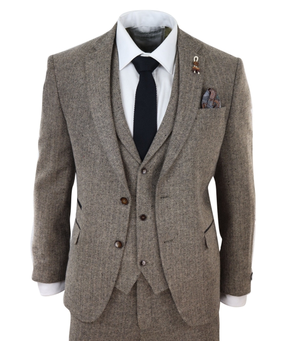 Oak-Brown Herringbone Tweed 3 Piece Suit: Buy Online - Happy Gentleman