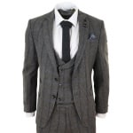 Mens 3 Piece Classic Tweed Herringbone Check Tan Brown Slim Fit Vintage Suit 