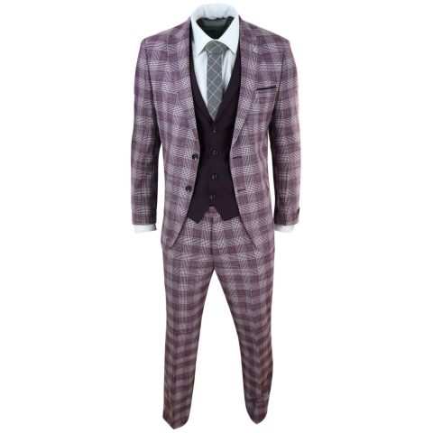 Mens 3 Piece Plum/Purple Check 3 Piece Suit: Buy Online - Happy Gentleman