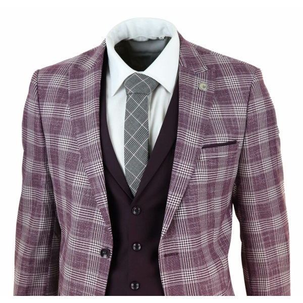Mens 3 Piece Plum/Purple Check 3 Piece Suit