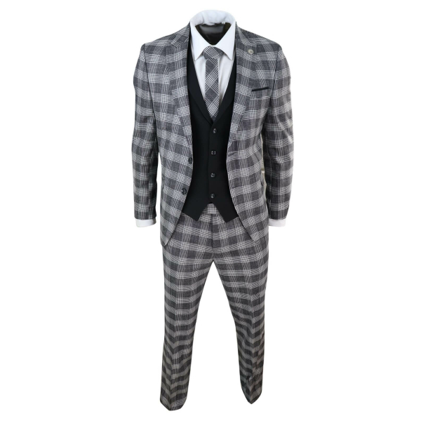 Mens Grey - Black Check 3 Piece Suit