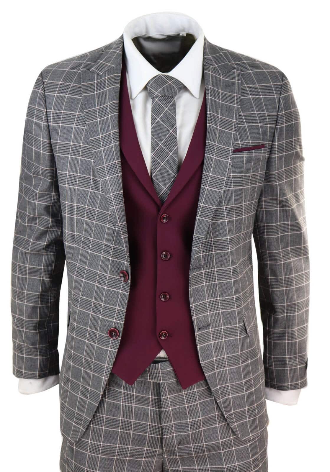 Mens Grey - Wine Check 3 Piece Suit | Happy Gentleman