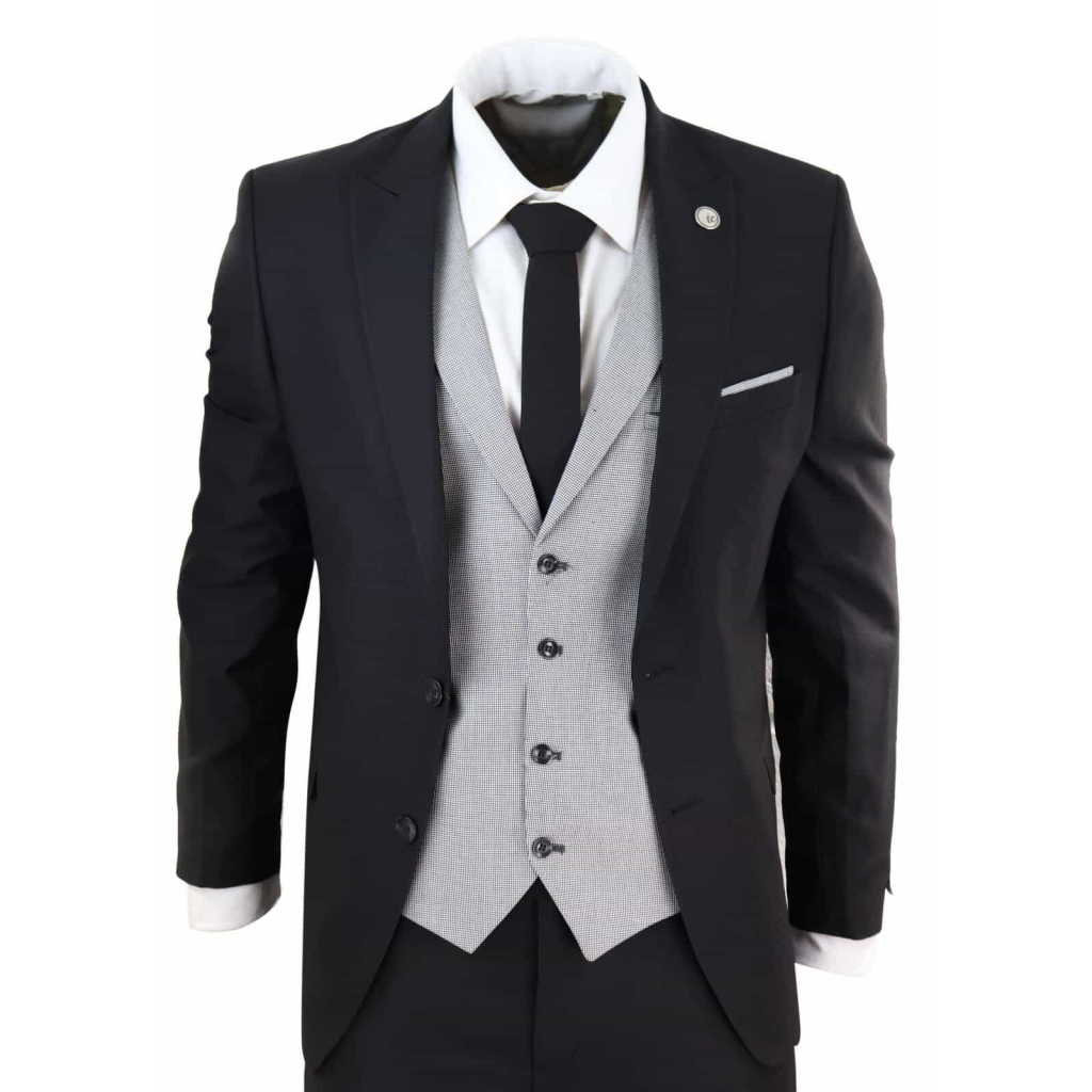 Mens Black 3 Piece Suit with Contrasting Grey Waistcoat: Buy Online ...