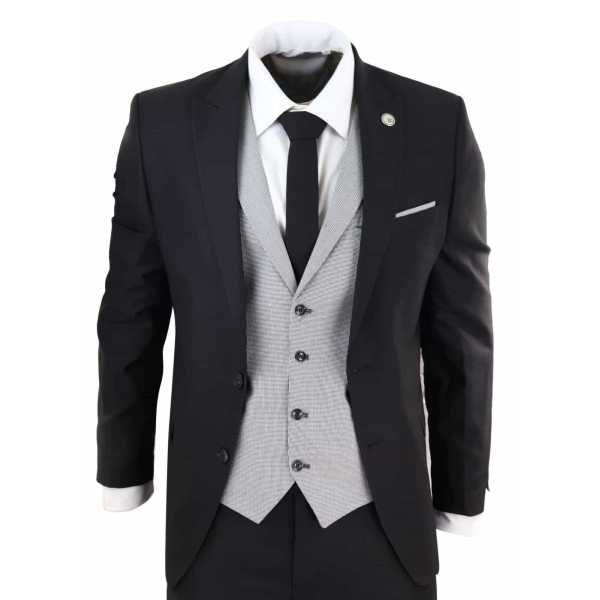 Mens Black 3 Piece Suit with Contrasting Grey Waistcoat