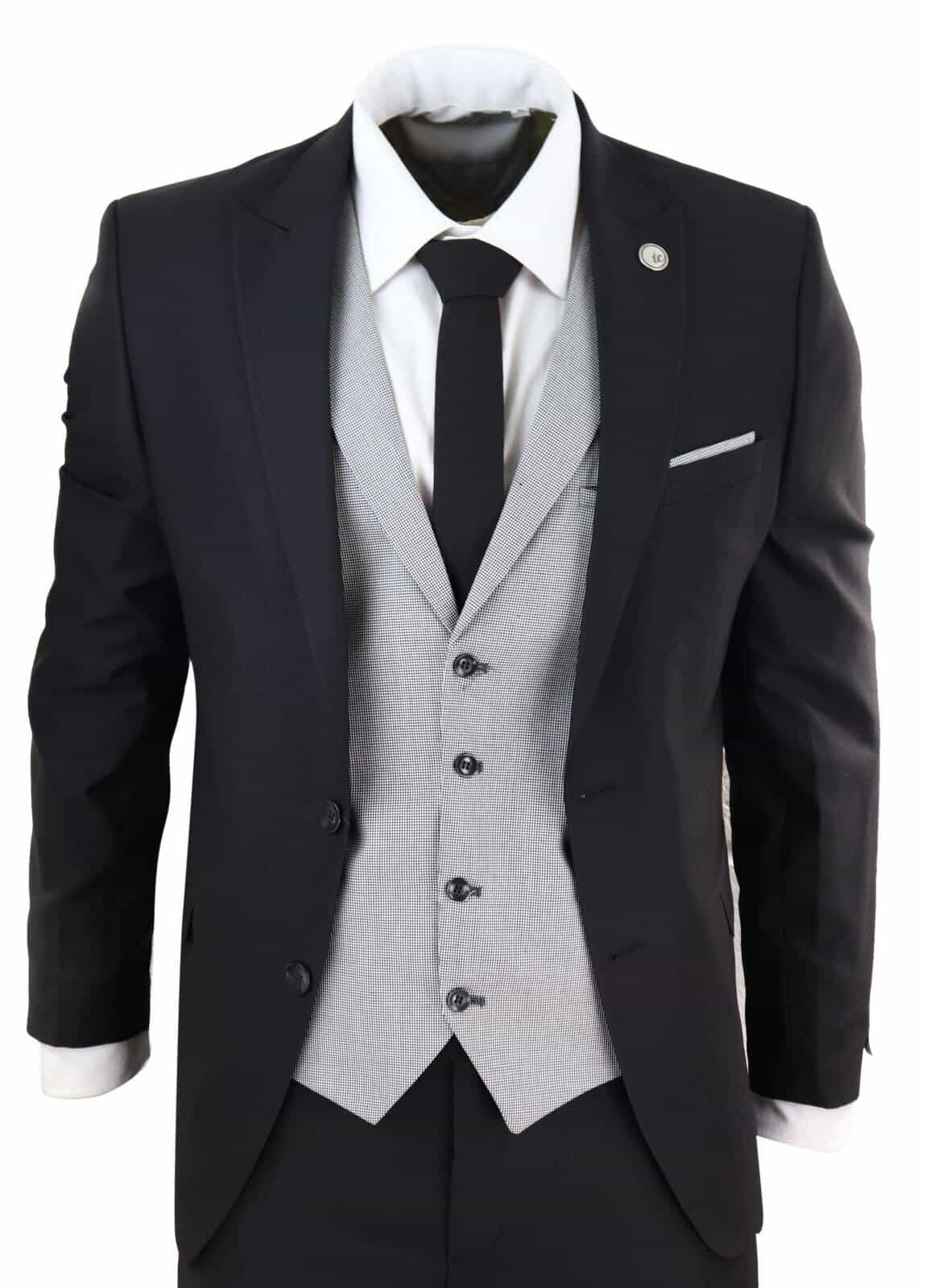Mens Black 3 Piece Suit with Contrasting Grey Waistcoat: Buy Online