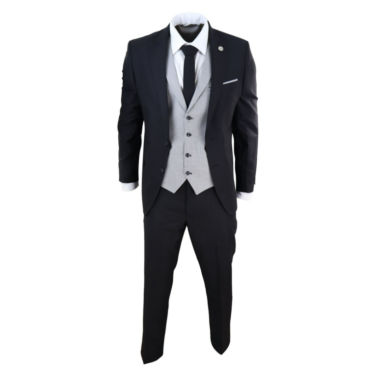 Mens Black 3 Piece Suit With Contrasting Grey Waistcoat Buy Online