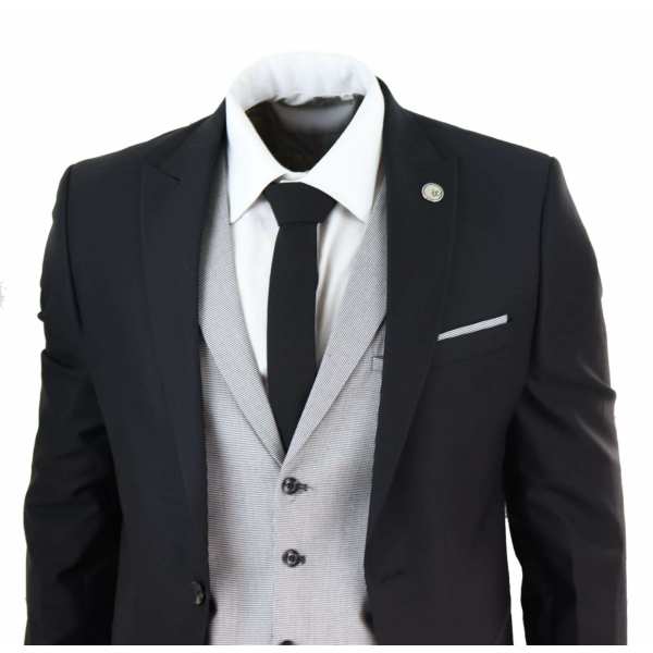 Mens Black 3 Piece Suit with Contrasting Grey Waistcoat