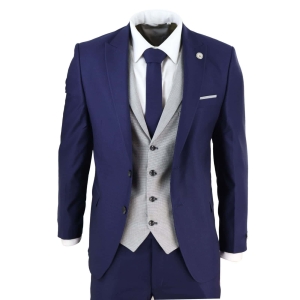 Mens Blue 3 Piece Suit with Contrasting Grey Waistcoat