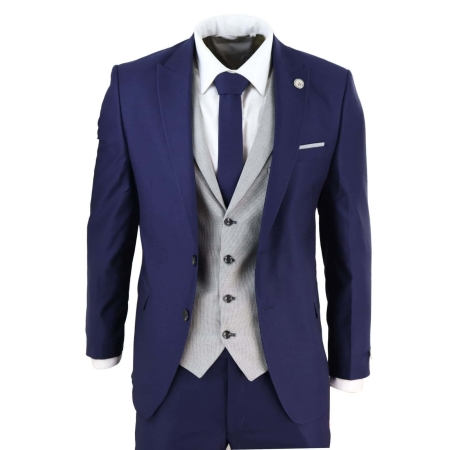 Mens Blue 3 Piece Suit with Contrasting Grey Waistcoat: Buy Online ...