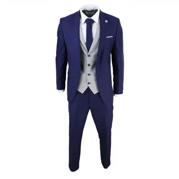Mens Blue 3 Piece Suit with Contrasting Grey Waistcoat