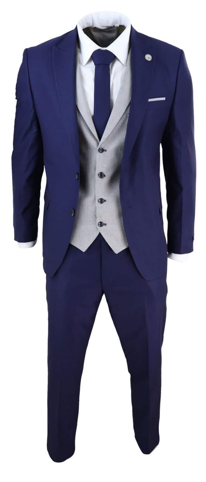 Marc Darcy  Marc Darcy Eton Mens Blue Slim Fit Tweed Check Suit Waistcoat   MENSWEARR