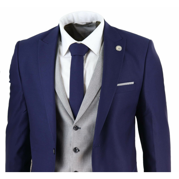 Mens Blue 3 Piece Suit with Contrasting Grey Waistcoat