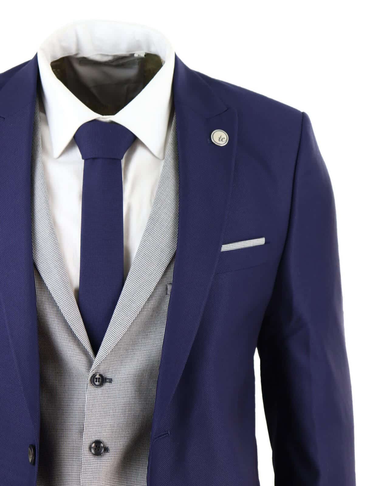 Mens Blue 3 Piece Suit with Contrasting Grey Waistcoat: Buy Online