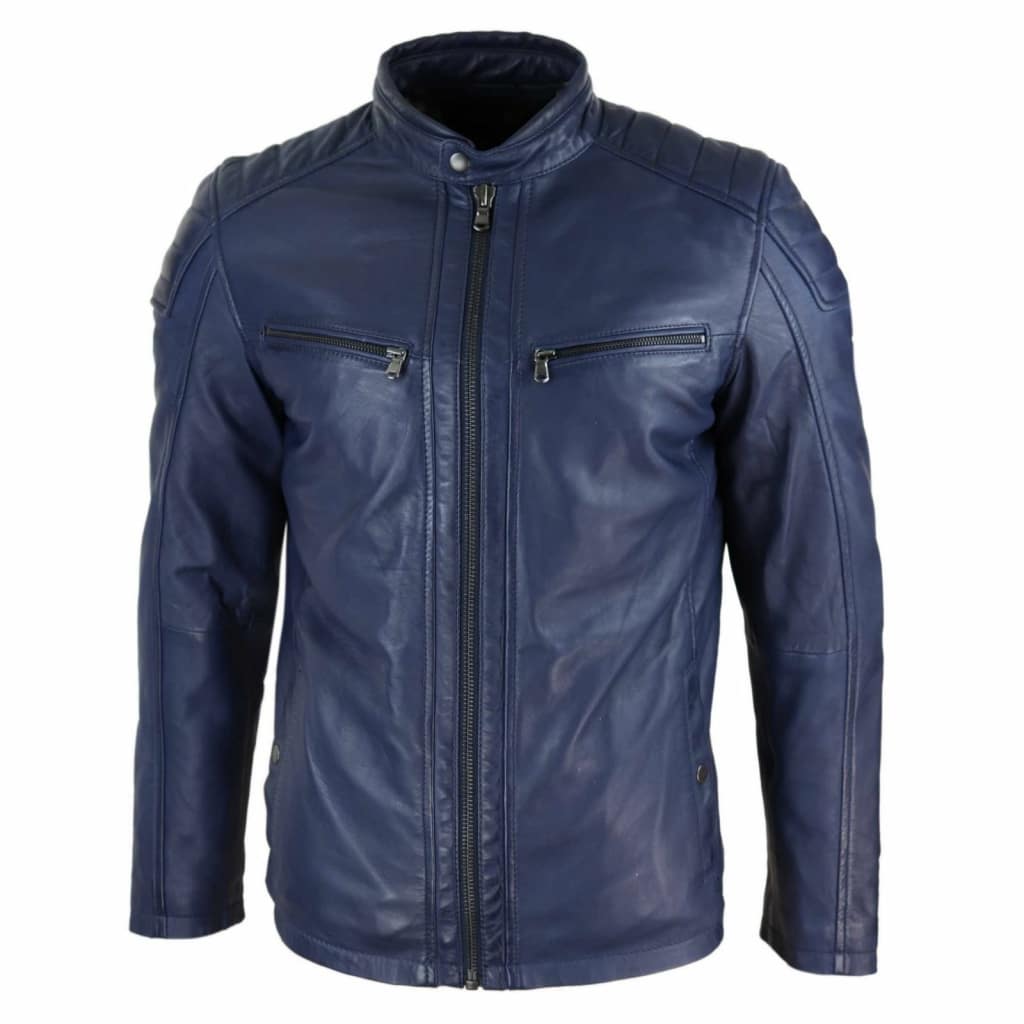 Real Leather Tailored Fit Mens Biker Jacket Navy Blue Buy Online Happy Gentleman 8875