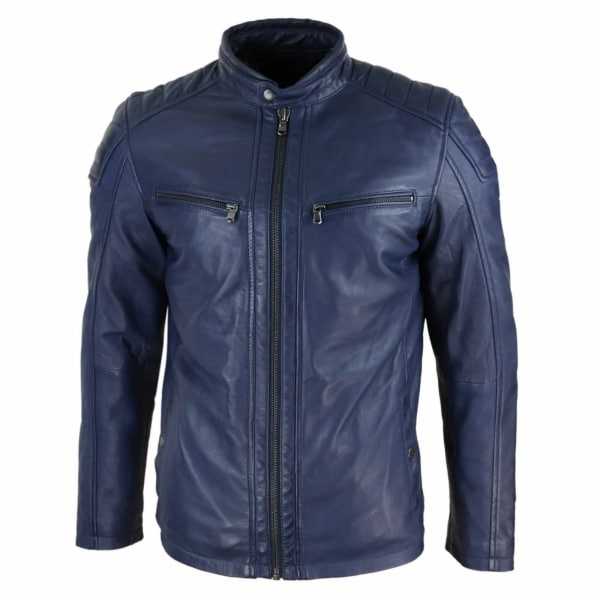 Real Leather Tailored Fit Mens Biker Jacket - Navy Blue
