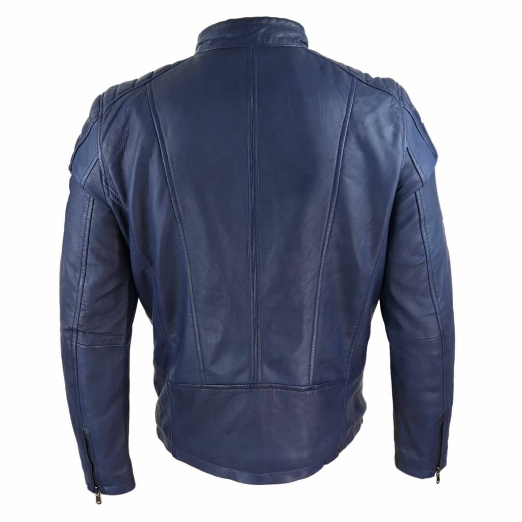 Real Leather Tailored Fit Mens Biker Jacket - Navy Blue: Buy Online ...