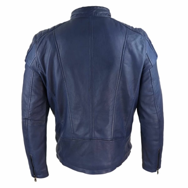 Real Leather Tailored Fit Mens Biker Jacket - Navy Blue