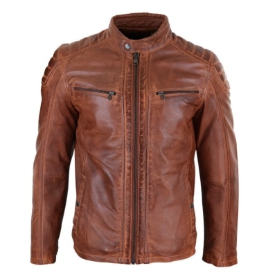 Men's Real Cross-Zip Biker Jacket, Fleece Lined - Brown | Happy Gentleman