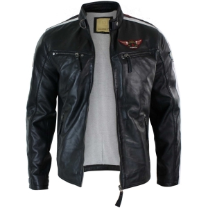 Real Leather Black Racing Mens Biker Jacket Zipped Short Red White ...