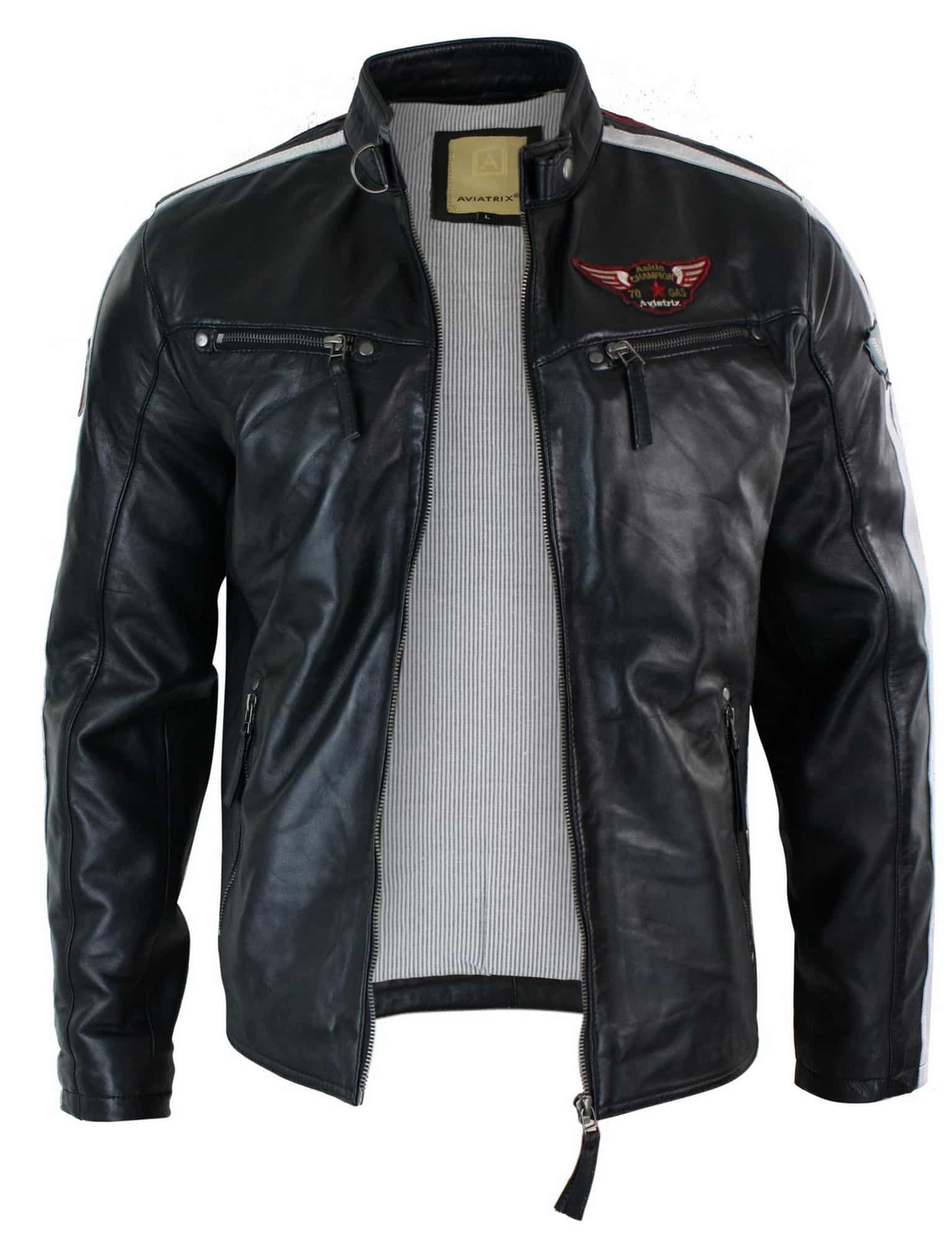 Real Leather Black Racing Mens Biker Jacket Zipped Short Red White ...