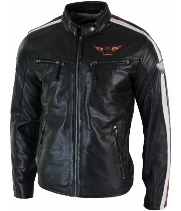 Real Leather Black Racing Mens Biker Jacket Zipped Short Red White Stripes Badge