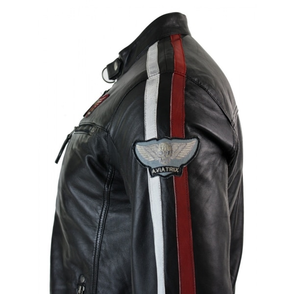 Real Leather Black Racing Mens Biker Jacket Zipped Short Red White Stripes Badge