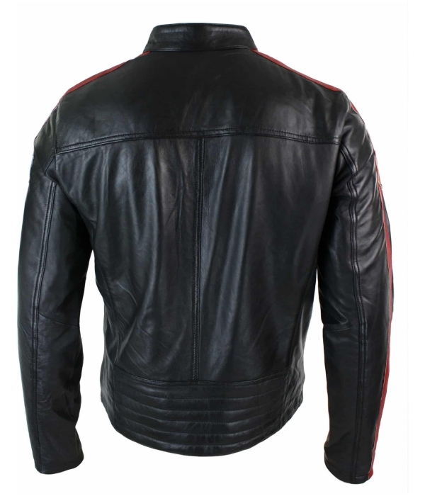 Real Leather Black Racing Mens Biker Jacket Zipped Short Red White Stripes Badge