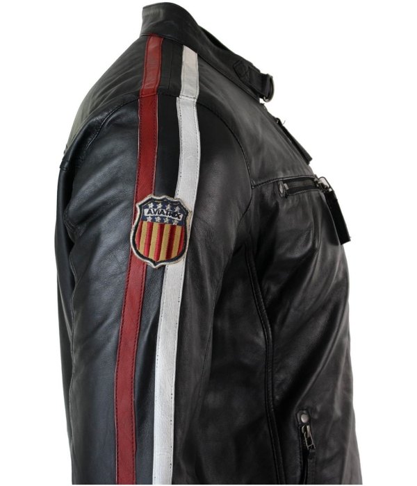 Real Leather Black Racing Mens Biker Jacket Zipped Short Red White Stripes Badge