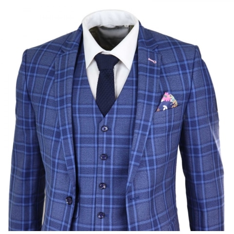 Mens Blue Check 3 Piece Wedding Suit | Happy Gentleman