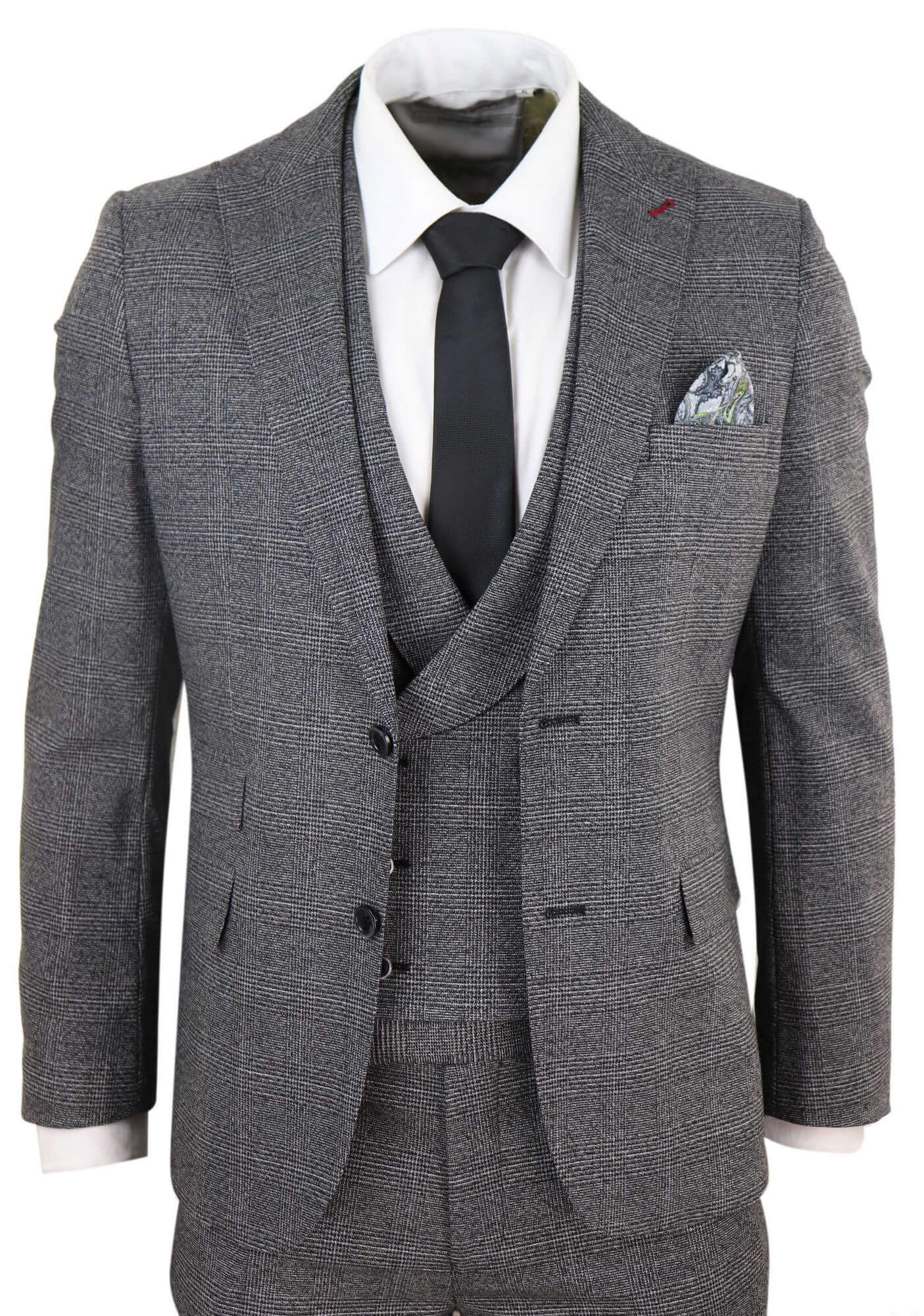 Mens 3 Piece Dark Grey Check Suit with Double Breasted Waistcoat