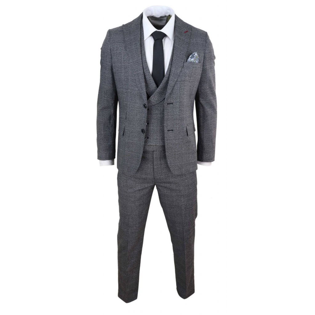 Mens 3 Piece Dark Grey Check Suit With Double Breasted Waistcoat Happy Gentleman 7673