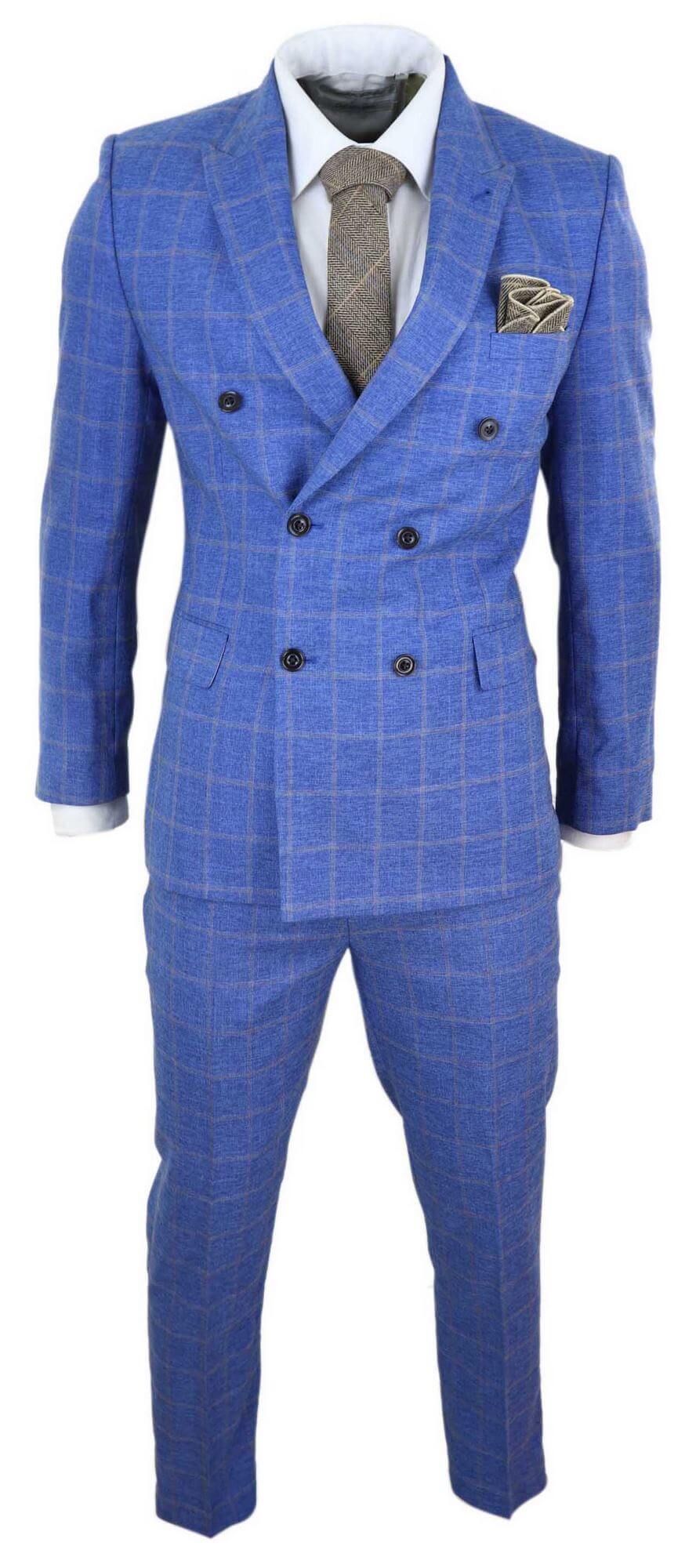 Mens Tweed Double Breasted Blue Check Suit | Happy Gentleman