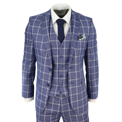 Mens 3 Piece Slim Fit Suit Herringbone Tweed Check Vintage Classic 1920s Blue