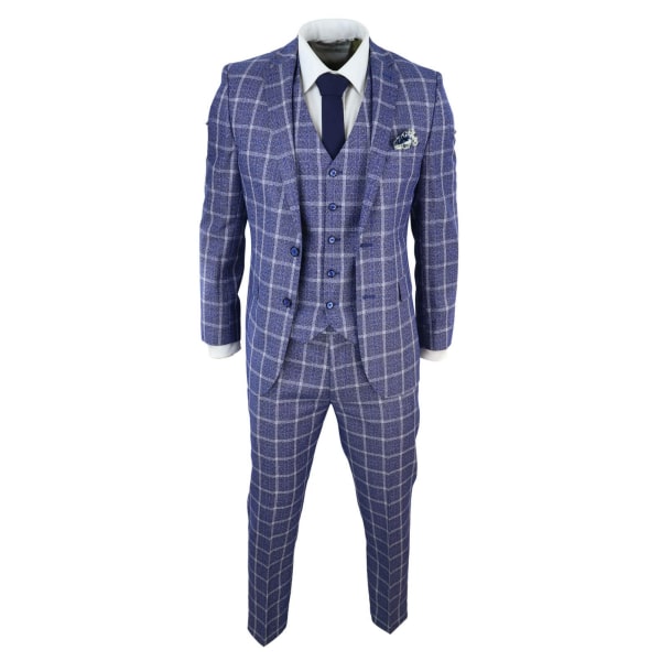 Mens 3 Piece Slim Fit Suit Herringbone Tweed Check Vintage Classic 1920s Blue
