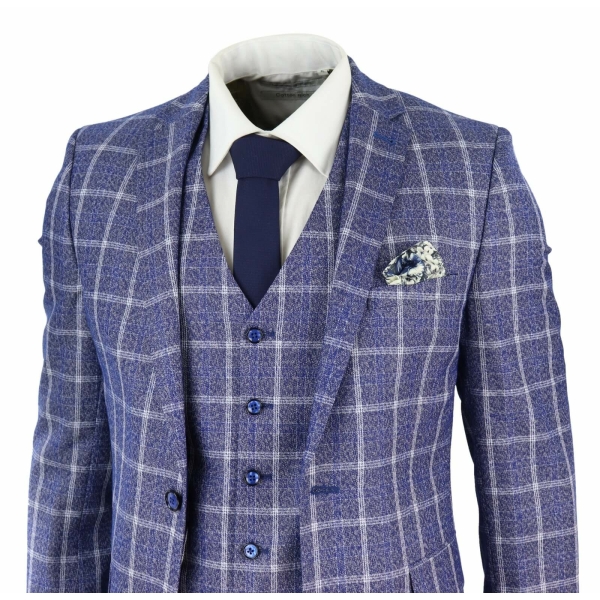 Herren 3 Stück Slim Fit Anzug Herringbone Tweed Check Vintage Classic 1920s Blau