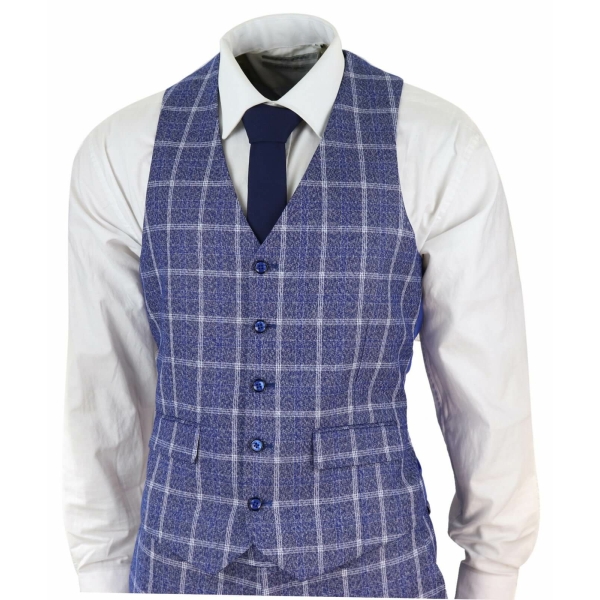 Herren 3 Stück Slim Fit Anzug Herringbone Tweed Check Vintage Classic 1920s Blau