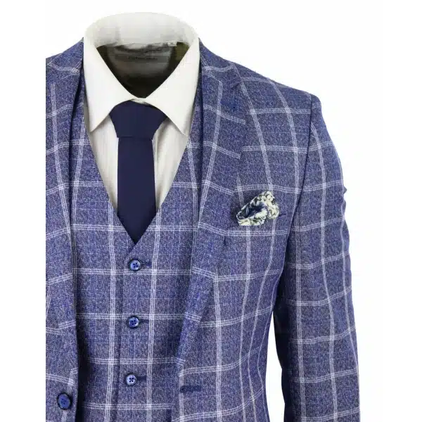Mens 3 Piece Slim Fit Suit Herringbone Tweed Check Vintage Classic 1920s Blue