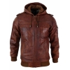 Mens Real Leather Hood Bomber Jacket Tan Timber Brown Washed Vintage Quilted