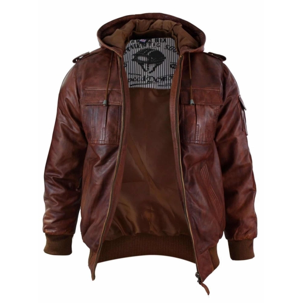 Mens Real Leather Hood Bomber Jacket Tan Timber Brown Washed Vintage Quilted