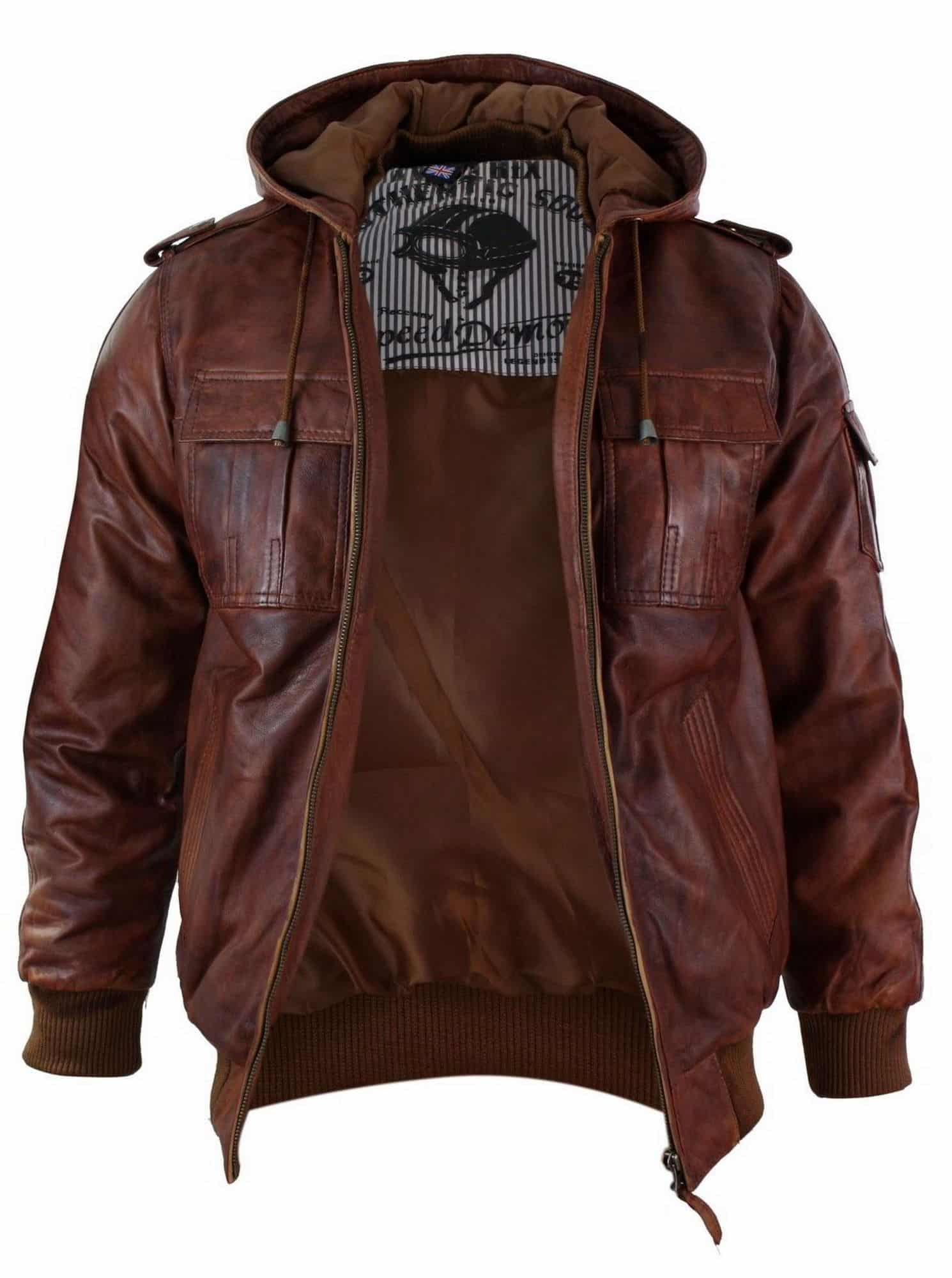 Mens Real Leather Hood Bomber Jacket Tan Timber Brown Washed Vintage ...