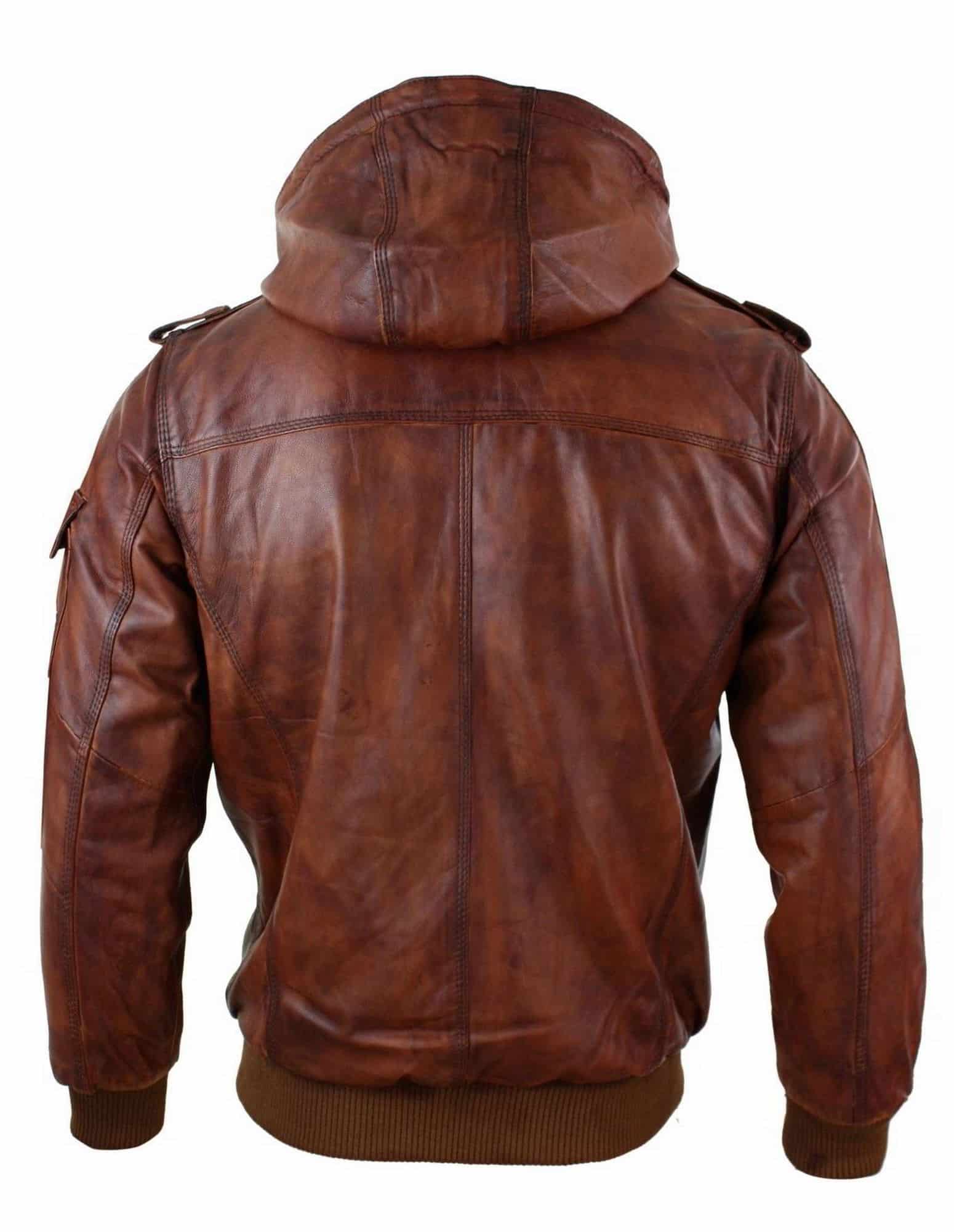 Mens Real Leather Hood Bomber Jacket Tan Timber Brown Washed Vintage ...