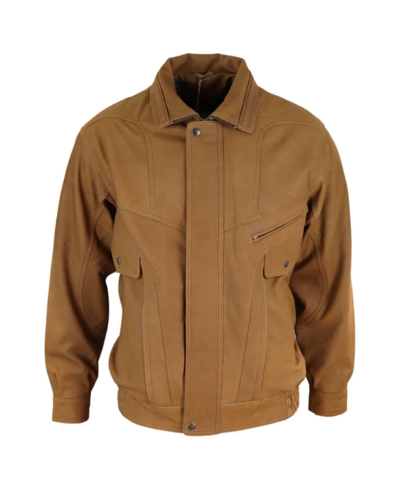 Mens Classic Nubuck Leather Bomber Jacket - Tan